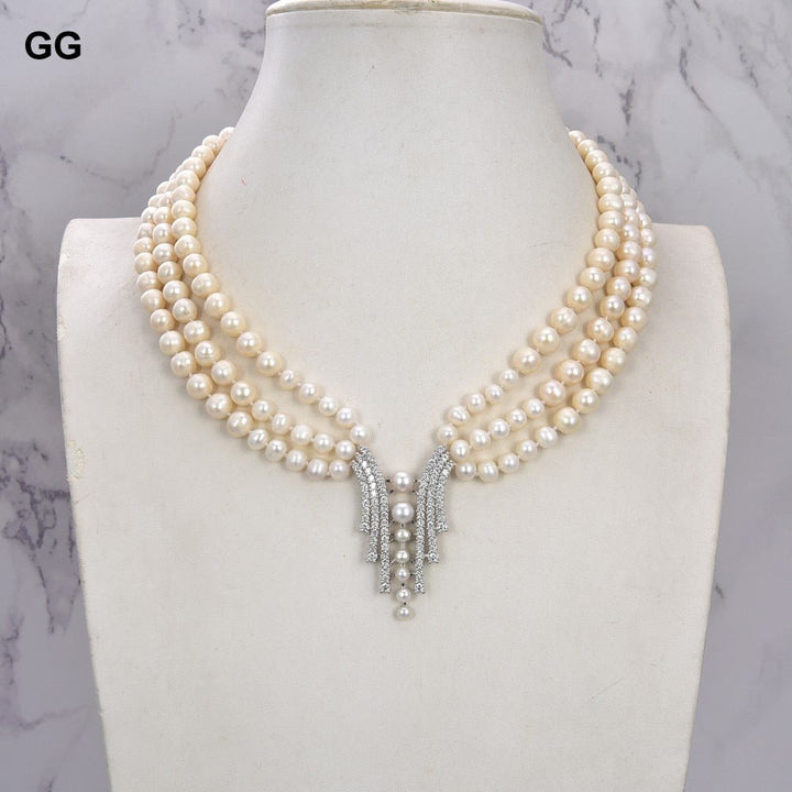 GuaiGuai Jewelry 18&quot; 3 Strands Cultured White Pearl Necklace CZ Pave Pendant - LeisFita.com