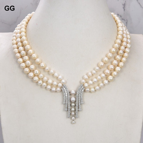 GuaiGuai Jewelry 18&quot; 3 Strands Cultured White Pearl Necklace CZ Pave Pendant - LeisFita.com