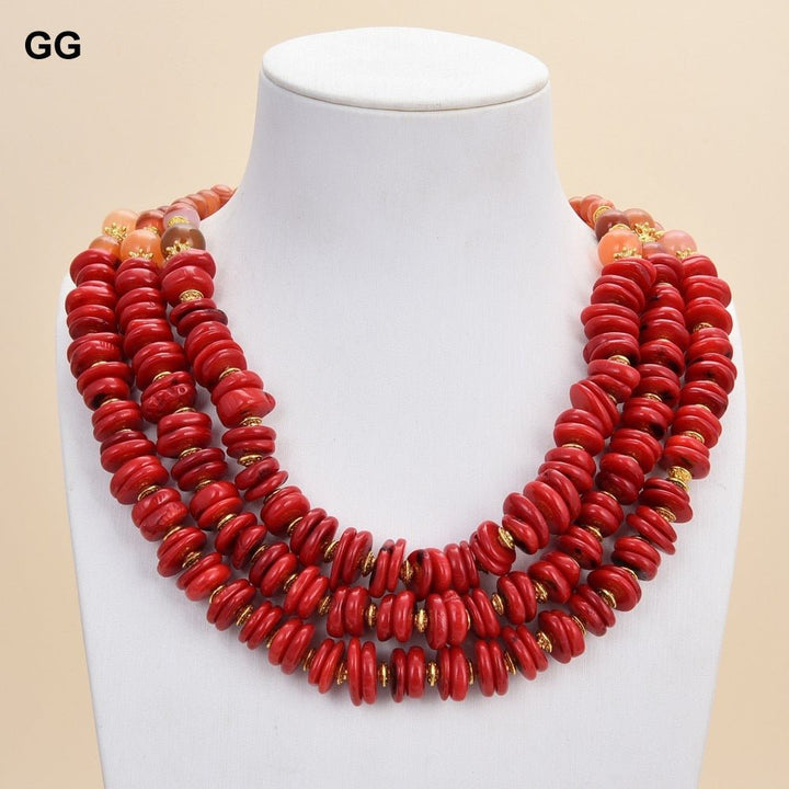 GuaiGuai Jewelry 18&quot; 3 Strands Red Agates Carnelian Red Freedom Coral Necklace For Women - LeisFita.com