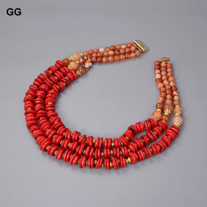 GuaiGuai Jewelry 18&quot; 3 Strands Red Agates Carnelian Red Freedom Coral Necklace For Women - LeisFita.com