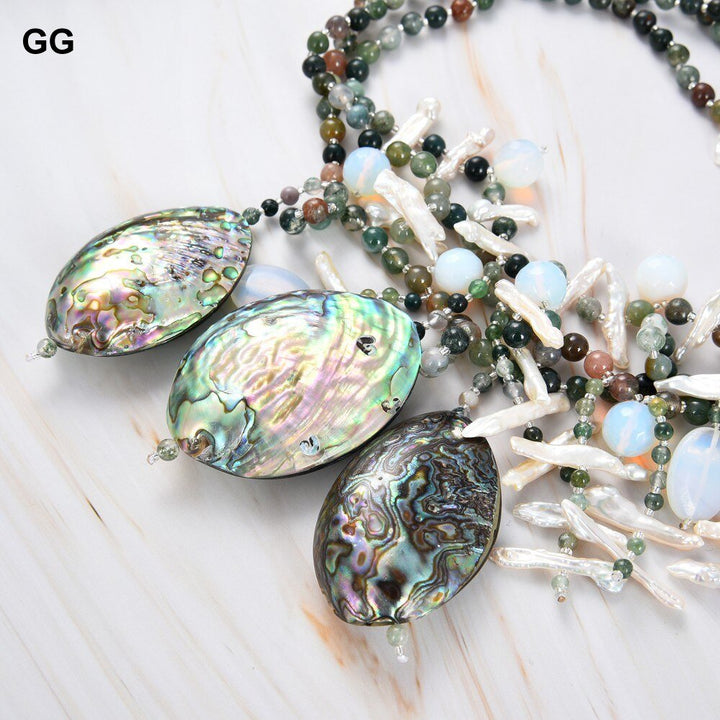 GuaiGuai Jewelry 18&quot; 3Strands Pearl Green Agate Abalone Shell Necklace - LeisFita.com