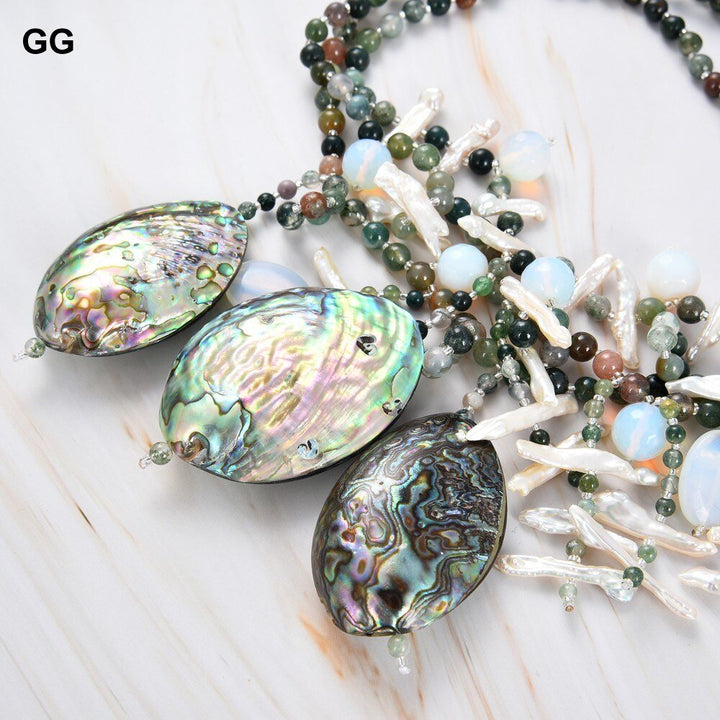 GuaiGuai Jewelry 18&quot; 3Strands Pearl Green Agate Abalone Shell Necklace - LeisFita.com