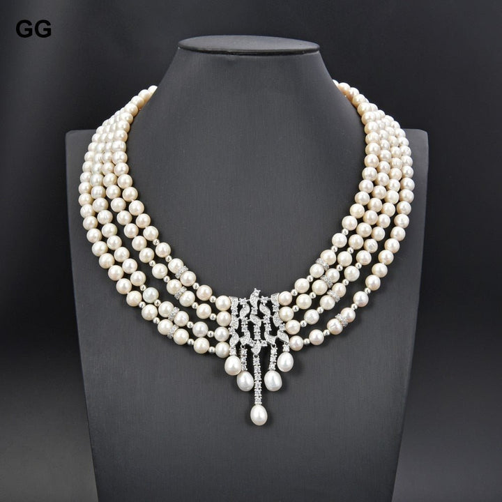 GuaiGuai Jewelry 18&quot; 4 Strands Cultured White Pearl Statement Necklace CZ Pendant - LeisFita.com