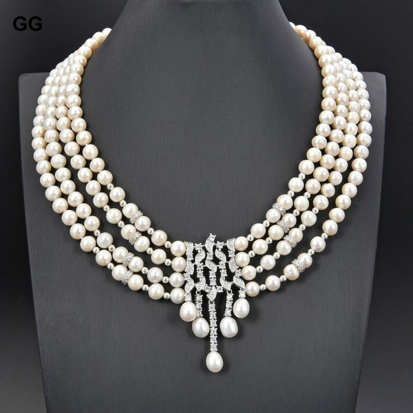 GuaiGuai Jewelry 18&quot; 4 Strands Cultured White Pearl Statement Necklace CZ Pendant - LeisFita.com