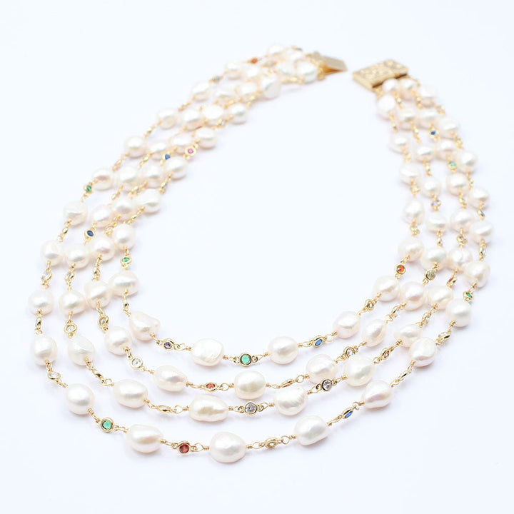GuaiGuai Jewelry 18&quot; 4 Strands Freshwater White Baroque Pearl Multi Color Cz Chain Necklace - LeisFita.com