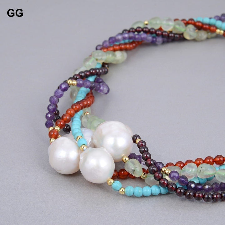 GuaiGuai Jewelry 18&quot; 5 Rows Natural White Keshi Baroque Pearl Amethyst Prehnite Garnet Agate Turquoise Stone Necklace For Women - LeisFita.com