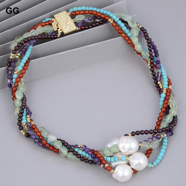 GuaiGuai Jewelry 18&quot; 5 Rows Natural White Keshi Baroque Pearl Amethyst Prehnite Garnet Agate Turquoise Stone Necklace For Women - LeisFita.com