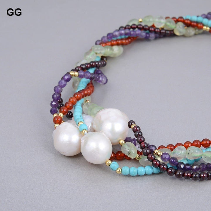 GuaiGuai Jewelry 18&quot; 5 Rows Natural White Keshi Baroque Pearl Amethyst Prehnite Garnet Agate Turquoise Stone Necklace For Women - LeisFita.com