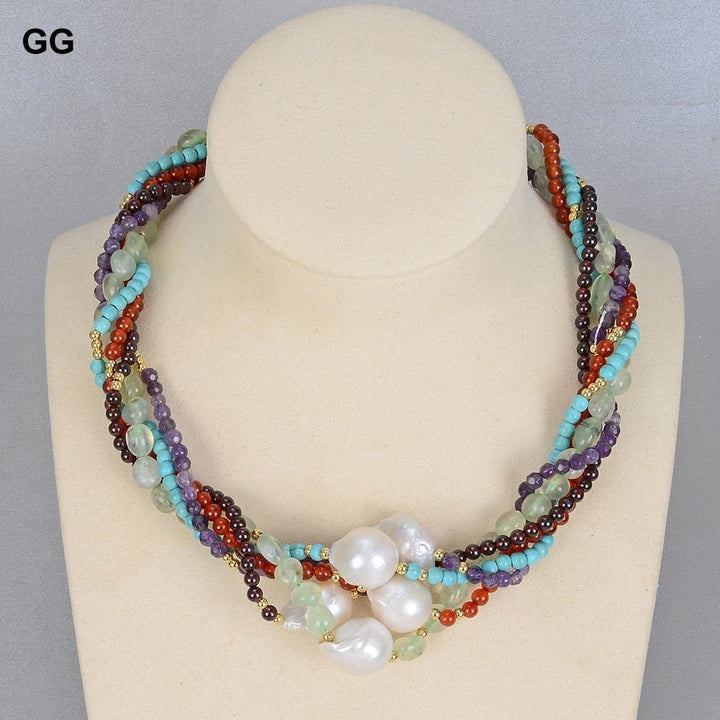 GuaiGuai Jewelry 18&quot; 5 Rows Natural White Keshi Baroque Pearl Amethyst Prehnite Garnet Agate Turquoise Stone Necklace For Women - LeisFita.com
