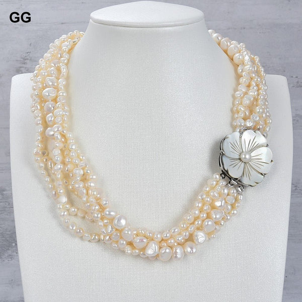 GuaiGuai Jewelry 18&quot; 7 Strands White Fancy Pearl Necklace Shell Flower Clasp - LeisFita.com