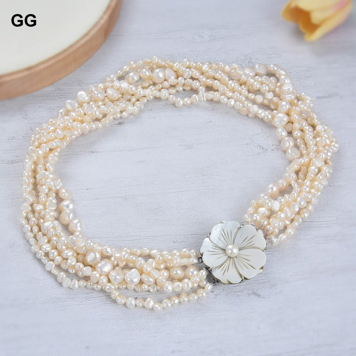 GuaiGuai Jewelry 18&quot; 7 Strands White Fancy Pearl Necklace Shell Flower Clasp - LeisFita.com