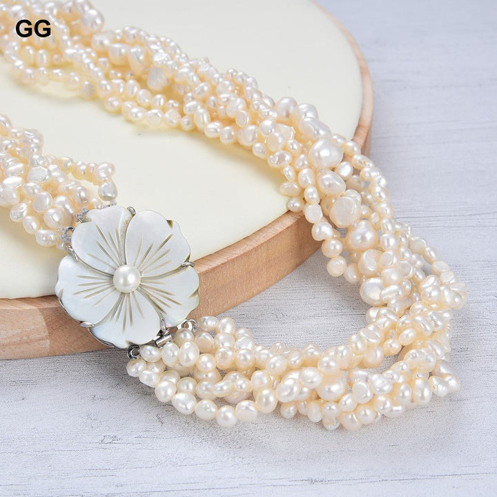 GuaiGuai Jewelry 18&quot; 7 Strands White Fancy Pearl Necklace Shell Flower Clasp - LeisFita.com