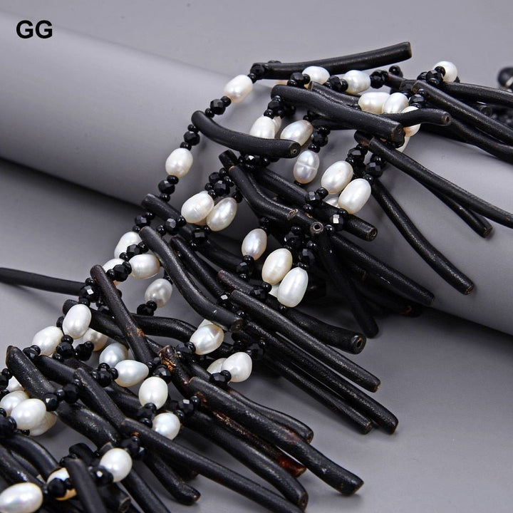 GuaiGuai Jewelry 18&quot; 9 Strands White Rice Pearl Black Coral Crystal Necklace - LeisFita.com
