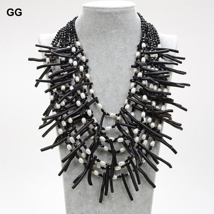 GuaiGuai Jewelry 18&quot; 9 Strands White Rice Pearl Black Coral Crystal Necklace - LeisFita.com