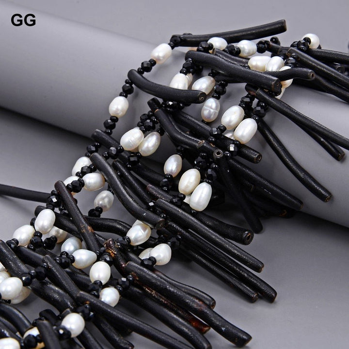 GuaiGuai Jewelry 18&quot; 9 Strands White Rice Pearl Black Coral Crystal Necklace - LeisFita.com