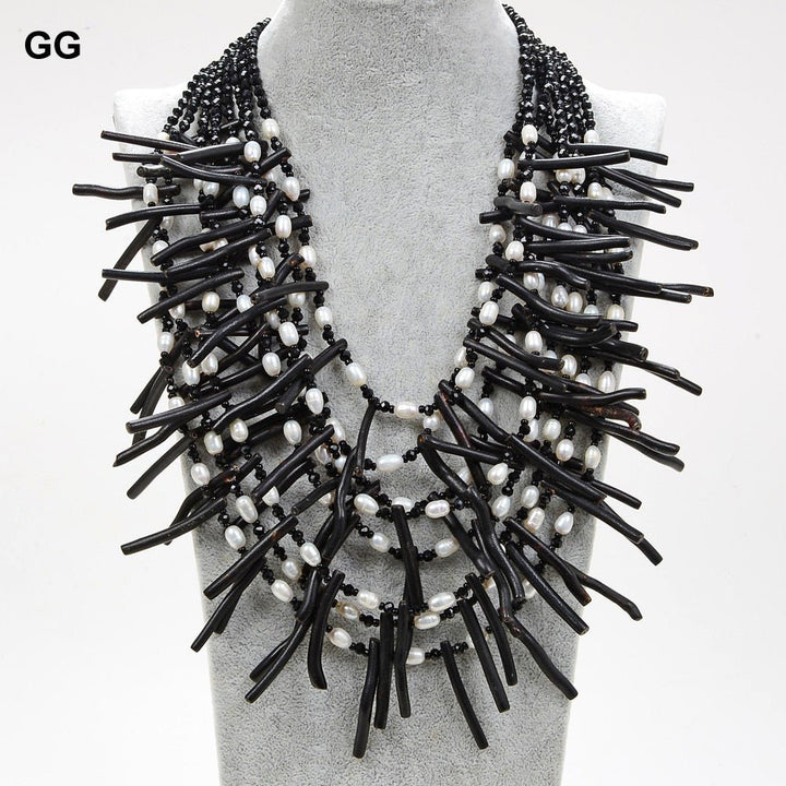 GuaiGuai Jewelry 18&quot; 9 Strands White Rice Pearl Black Coral Crystal Necklace - LeisFita.com