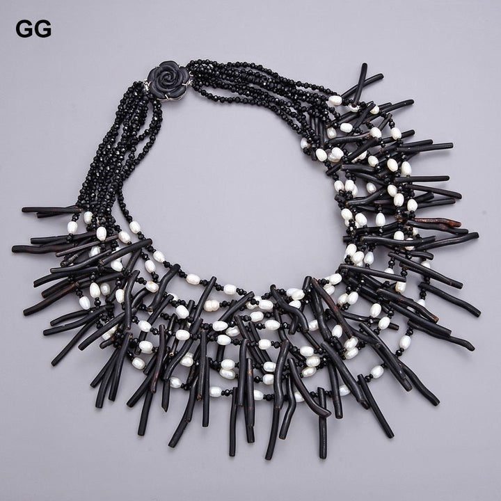GuaiGuai Jewelry 18&quot; 9 Strands White Rice Pearl Black Coral Crystal Necklace - LeisFita.com