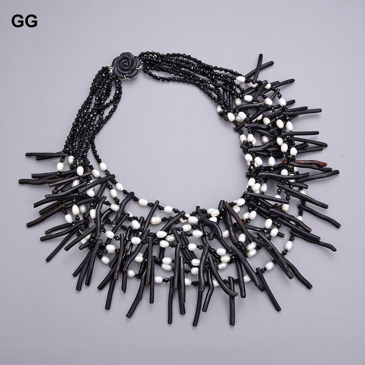GuaiGuai Jewelry 18&quot; 9 Strands White Rice Pearl Black Coral Crystal Necklace - LeisFita.com