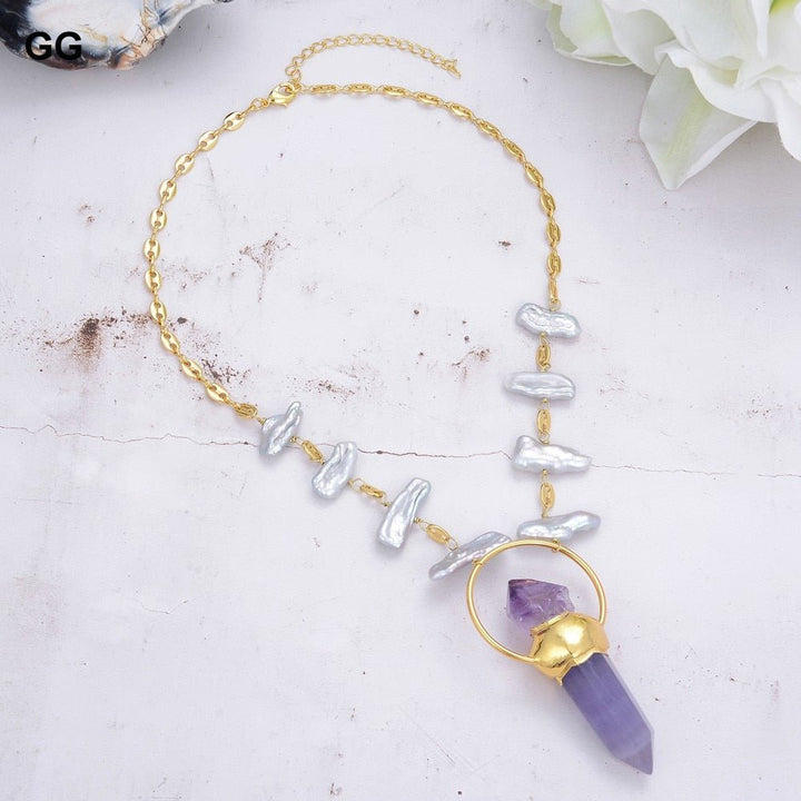 GuaiGuai Jewelry 18&quot; Freshwater Grey Biwa Pearl Chain Necklace Amethyst point Raw Pendant - LeisFita.com
