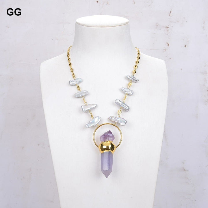 GuaiGuai Jewelry 18&quot; Freshwater Grey Biwa Pearl Chain Necklace Amethyst point Raw Pendant - LeisFita.com