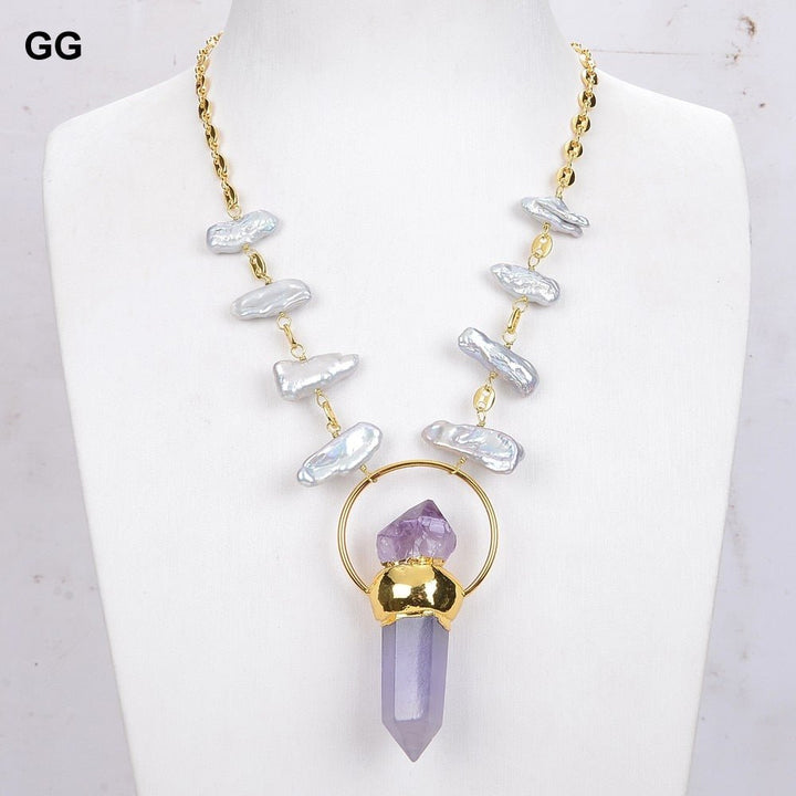 GuaiGuai Jewelry 18&quot; Freshwater Grey Biwa Pearl Chain Necklace Amethyst point Raw Pendant - LeisFita.com