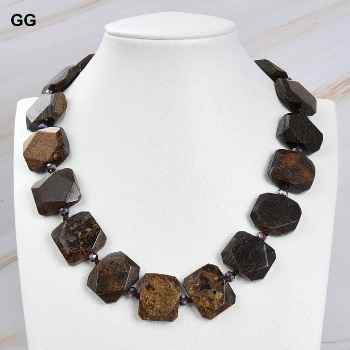 GuaiGuai Jewelry 18&quot; Natural Faceted Brown Bronzite Chunky Rectangle Necklace For Women - LeisFita.com