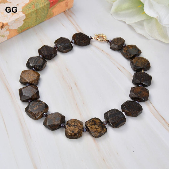 GuaiGuai Jewelry 18&quot; Natural Faceted Brown Bronzite Chunky Rectangle Necklace For Women - LeisFita.com