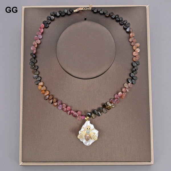 GuaiGuai Jewelry 18&quot; Natural Faceted Teardrop Colorful Tourmaline Necklace Pearl CZ Pave Insect Pendant - LeisFita.com