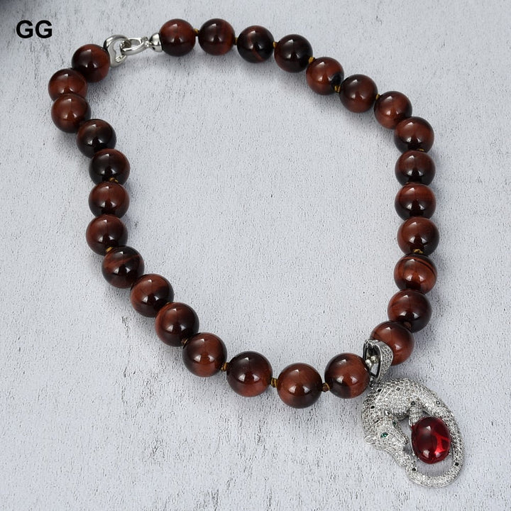 GuaiGuai Jewelry 18&quot; Natural Round Red Tiger Eye Necklace CZ Pendant - LeisFita.com