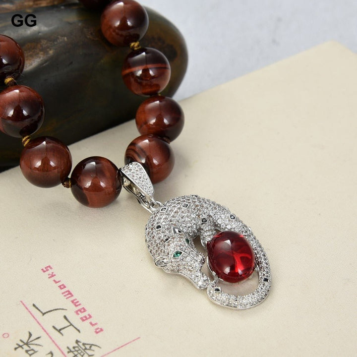 GuaiGuai Jewelry 18&quot; Natural Round Red Tiger Eye Necklace CZ Pendant - LeisFita.com