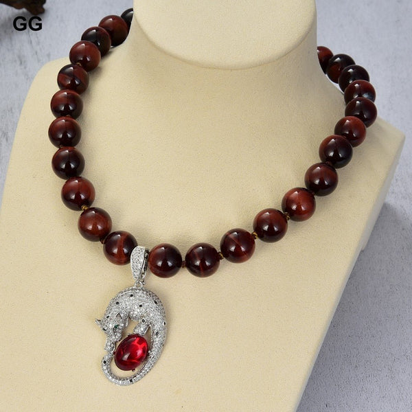 GuaiGuai Jewelry 18&quot; Natural Round Red Tiger Eye Necklace CZ Pendant - LeisFita.com