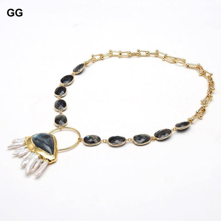 GuaiGuai Jewelry 18&quot; Teardrop Labradorite Chain Bezel Sets Station Necklace Blue Labradorites White Biwa Pearl Pendant For Women - LeisFita.com