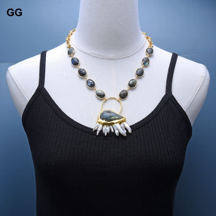 GuaiGuai Jewelry 18&quot; Teardrop Labradorite Chain Bezel Sets Station Necklace Blue Labradorites White Biwa Pearl Pendant For Women - LeisFita.com
