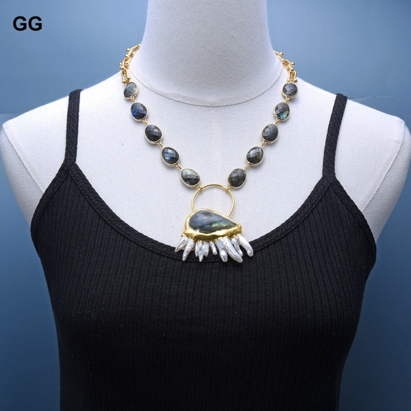 GuaiGuai Jewelry 18&quot; Teardrop Labradorite Chain Bezel Sets Station Necklace Blue Labradorites White Biwa Pearl Pendant For Women - LeisFita.com