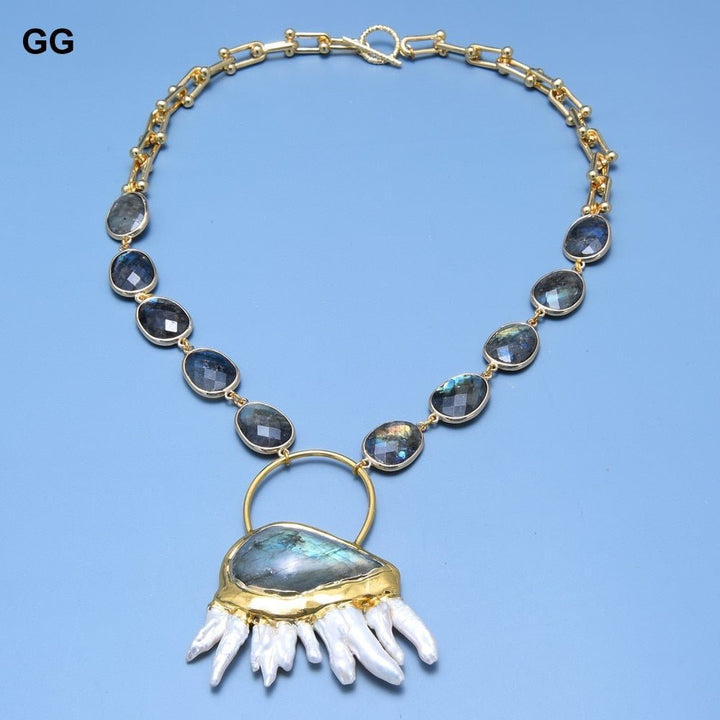 GuaiGuai Jewelry 18&quot; Teardrop Labradorite Chain Bezel Sets Station Necklace Blue Labradorites White Biwa Pearl Pendant For Women - LeisFita.com