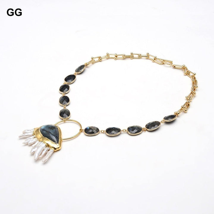 GuaiGuai Jewelry 18&quot; Teardrop Labradorite Chain Bezel Sets Station Necklace Blue Labradorites White Biwa Pearl Pendant For Women - LeisFita.com