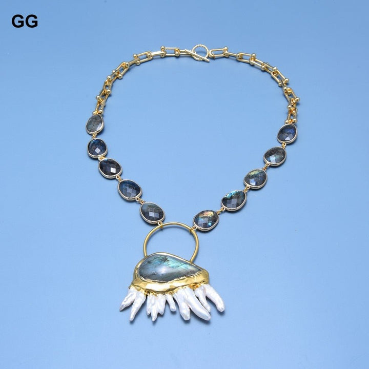 GuaiGuai Jewelry 18&quot; Teardrop Labradorite Chain Bezel Sets Station Necklace Blue Labradorites White Biwa Pearl Pendant For Women - LeisFita.com