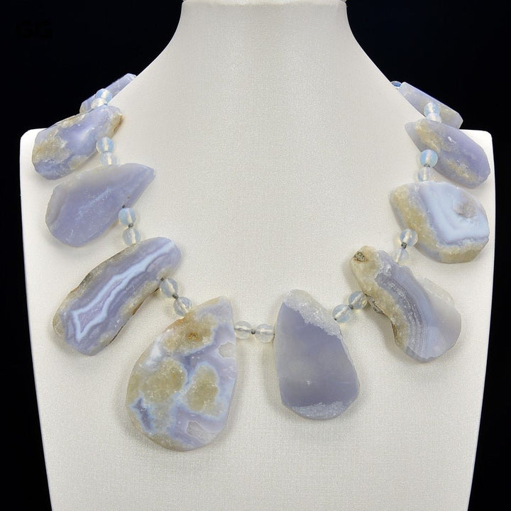 GuaiGuai Jewelry 18&quot; Top-drilled Natural Chalcedony Blue Lace Agate Crystal Necklace - LeisFita.com