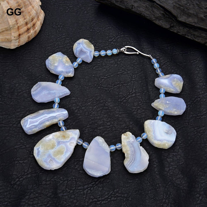 GuaiGuai Jewelry 18&quot; Top-drilled Natural Chalcedony Blue Lace Agate Crystal Necklace - LeisFita.com