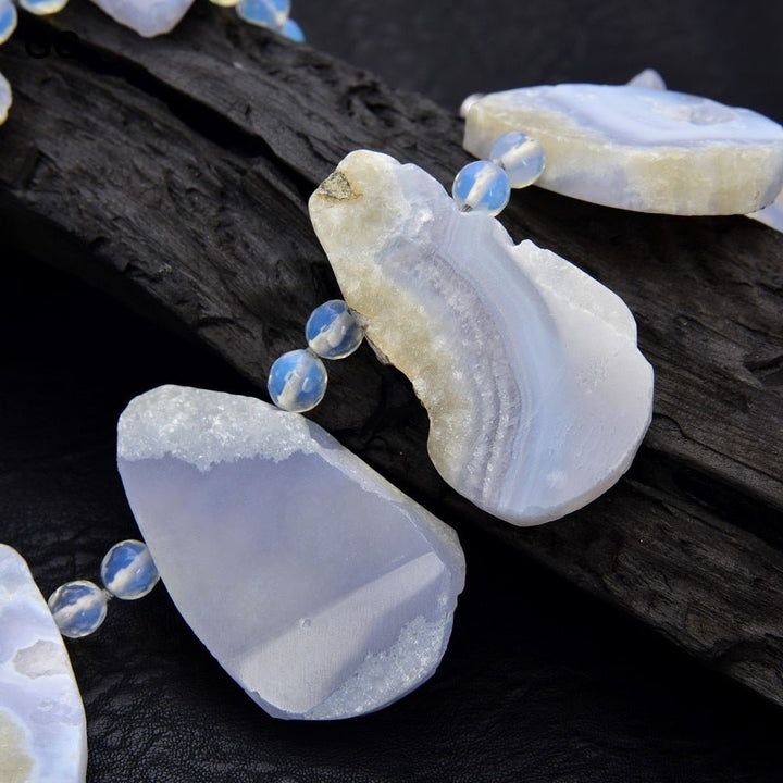 GuaiGuai Jewelry 18&quot; Top-drilled Natural Chalcedony Blue Lace Agate Crystal Necklace - LeisFita.com