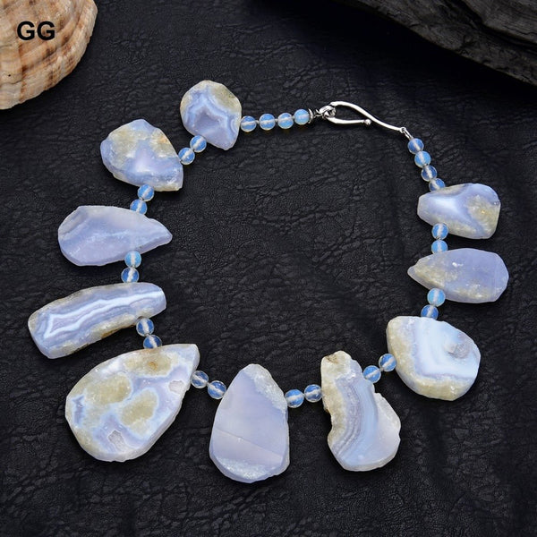 GuaiGuai Jewelry 18&quot; Top-drilled Natural Chalcedony Blue Lace Agate Crystal Necklace - LeisFita.com