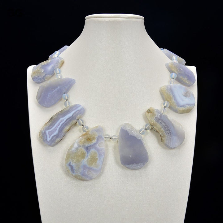 GuaiGuai Jewelry 18&quot; Top-drilled Natural Chalcedony Blue Lace Agate Crystal Necklace - LeisFita.com