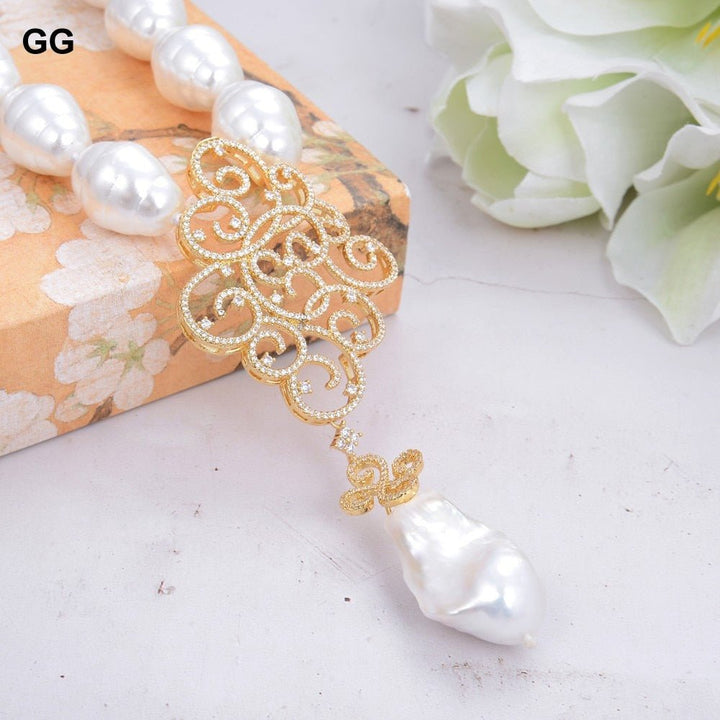 GuaiGuai Jewelry 18&quot; White Sea Shell Pearl Necklace White Keshi Pearl Propitious Cloud CZ Pendant - LeisFita.com