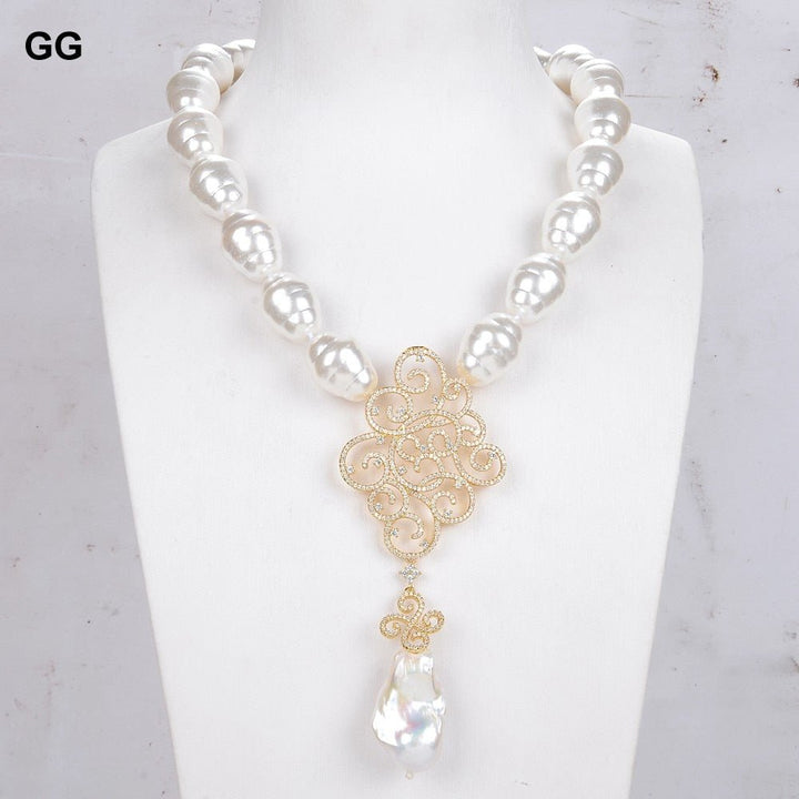 GuaiGuai Jewelry 18&quot; White Sea Shell Pearl Necklace White Keshi Pearl Propitious Cloud CZ Pendant - LeisFita.com