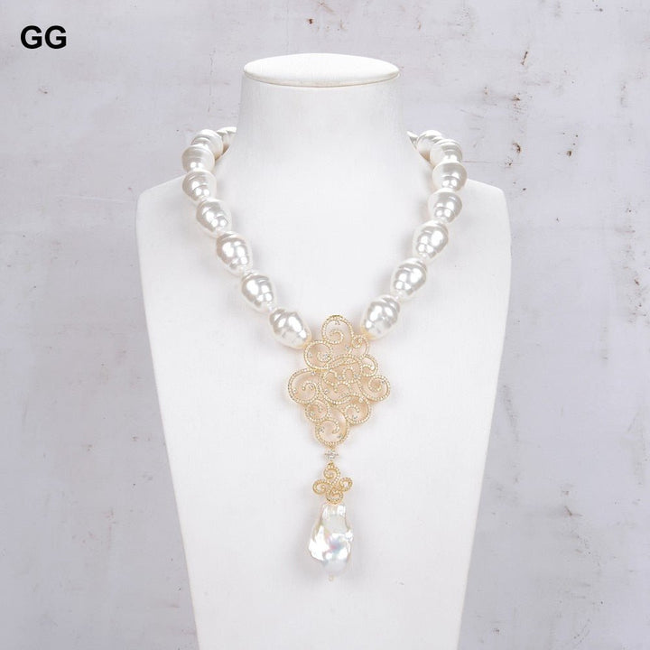 GuaiGuai Jewelry 18&quot; White Sea Shell Pearl Necklace White Keshi Pearl Propitious Cloud CZ Pendant - LeisFita.com