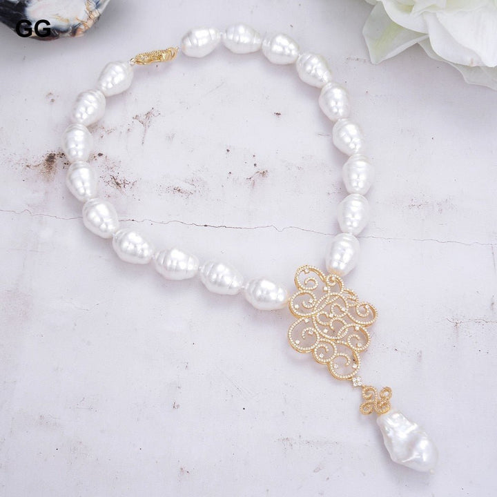 GuaiGuai Jewelry 18&quot; White Sea Shell Pearl Necklace White Keshi Pearl Propitious Cloud CZ Pendant - LeisFita.com