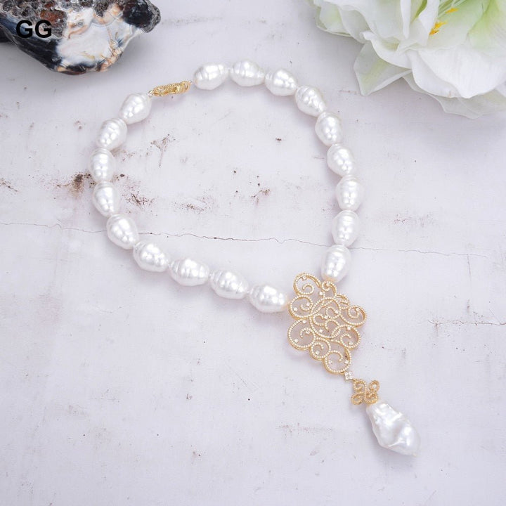 GuaiGuai Jewelry 18&quot; White Sea Shell Pearl Necklace White Keshi Pearl Propitious Cloud CZ Pendant - LeisFita.com