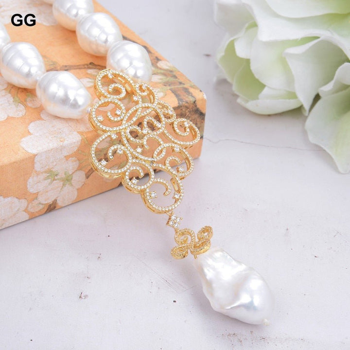 GuaiGuai Jewelry 18&quot; White Sea Shell Pearl Necklace White Keshi Pearl Propitious Cloud CZ Pendant - LeisFita.com