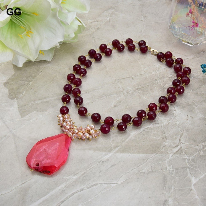 GuaiGuai Jewelry 19-20&quot; Natural 12mm Rose Round Agate pink pearl Crystal Nugget Agate Necklace lady Jewelry - LeisFita.com