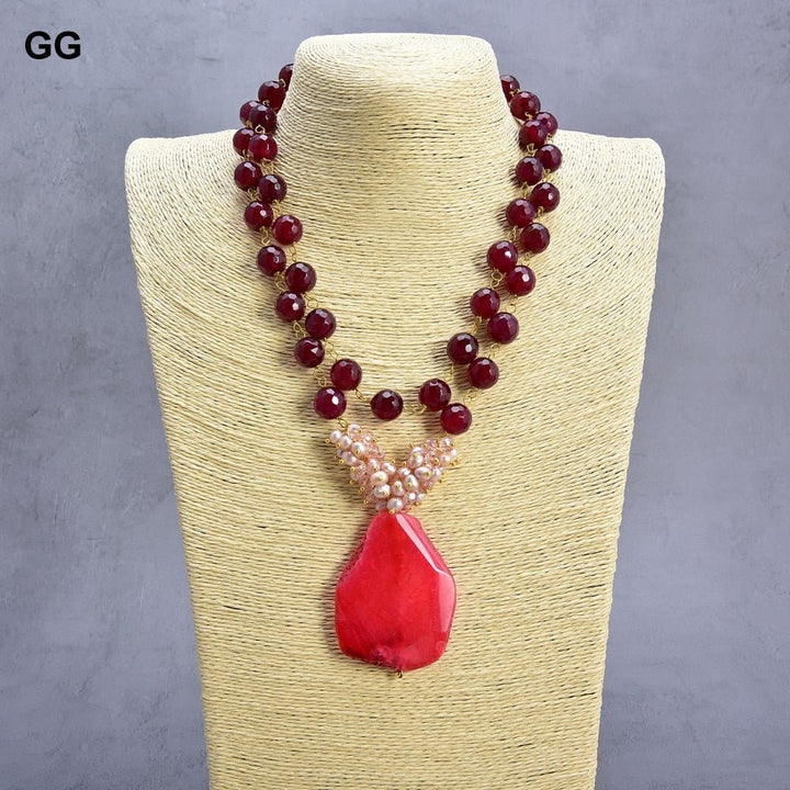 GuaiGuai Jewelry 19-20&quot; Natural 12mm Rose Round Agate pink pearl Crystal Nugget Agate Necklace lady Jewelry - LeisFita.com